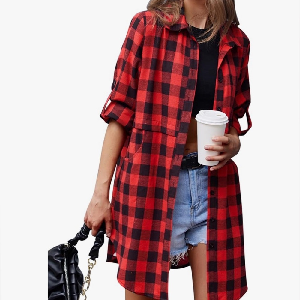 Red Black Plaid Button-Front Shirt Dress
